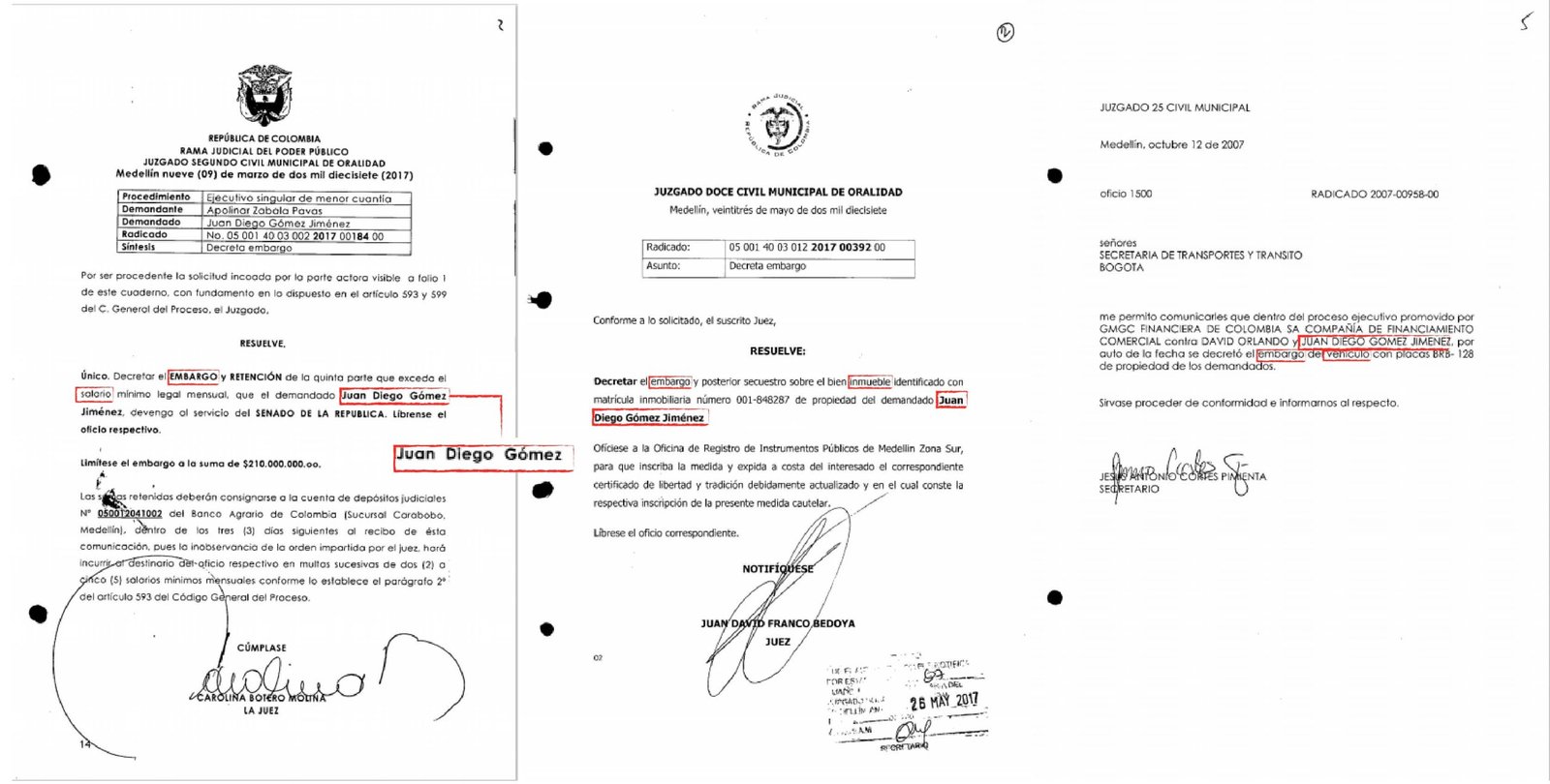 Al nuevo presidente del Senado, Juan Diego Gómez, le embargaron el sueldo, el apartamento y el carro.