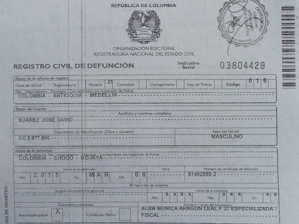 Copia del registro civil de defunción de José David Suárez, alias “el Becerro”. Cortesía.