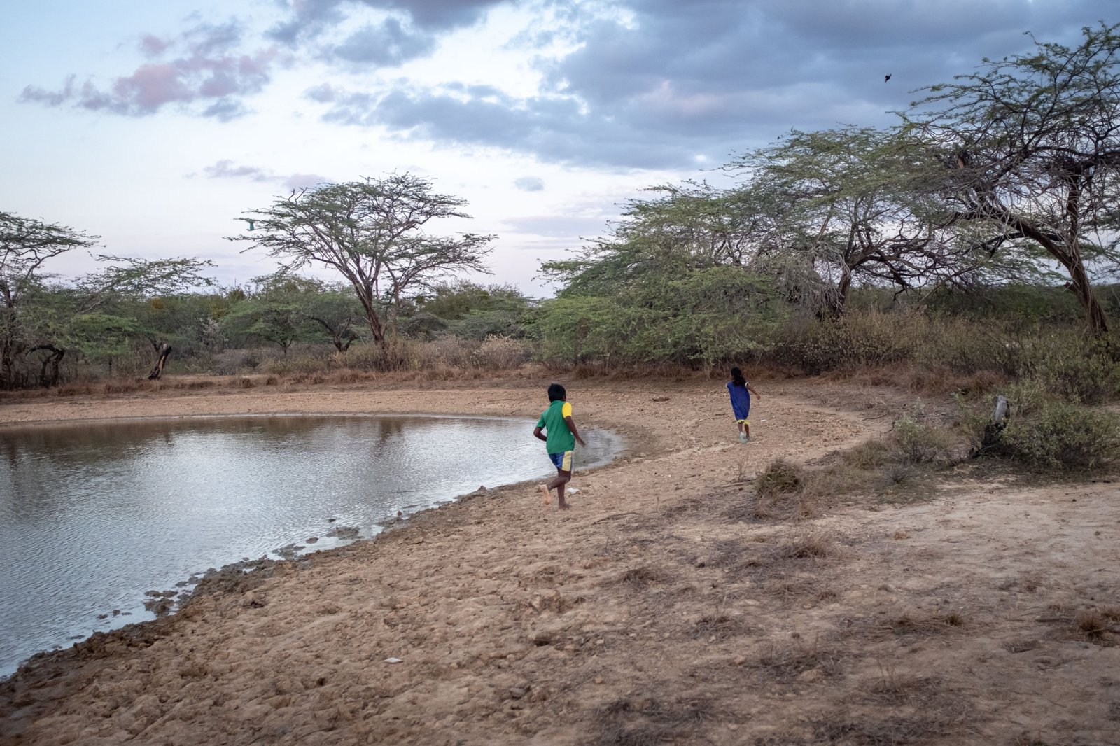 Niños wayuu corriendo alrededor de un pozo de agua. El agua de este pozo no era apta para consumo humano.