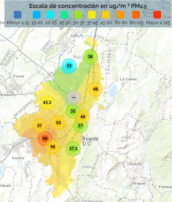 Mapa de Bogota, hecho por el IBOCA , ilustrando la concentración promedio de PM2.5, en cada una de las estaciones de monitoreo de calidad de aire el 22 de Febrero a las 11am