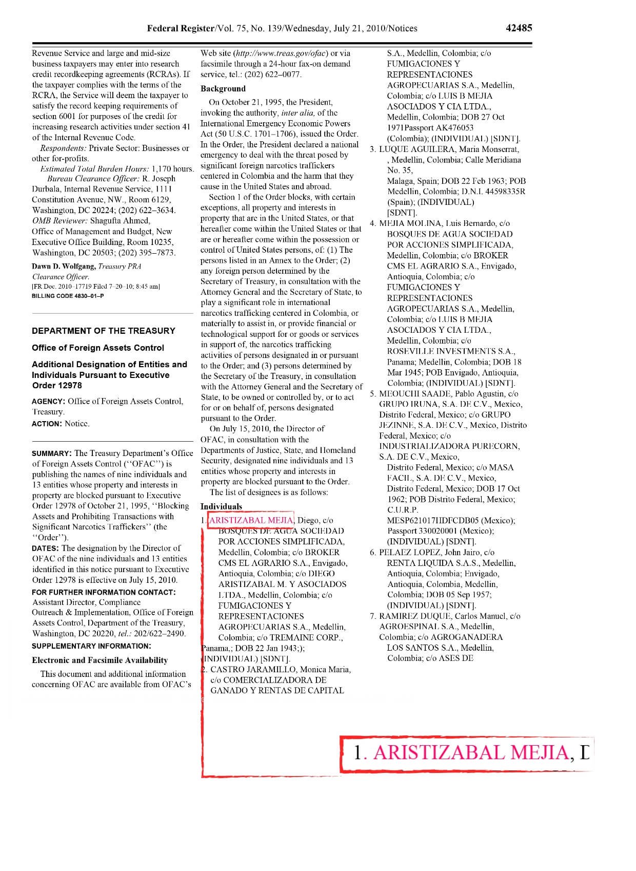 Diego Aristizábal en la Lista Clinton del Departamento del Tesoro de Estados Unidos