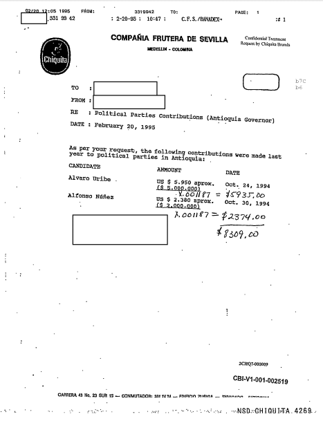 El documento reseña un pago de 5.935 dólares a la campaña de Álvaro Uribe, y otro de 2.374 a la de Alfonso Núñez, su candidato oponente para la Gobernación de Antioquia. | Fuente: National Security Archive