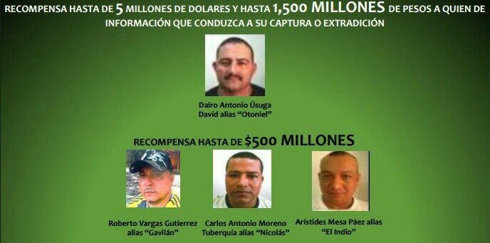 Este es el cartel más reciente con el que las autoridades ofrecen dinero a cambio de información que lleve a los cabecillas de Los Urabeños. Imagen: Policía Nacional
