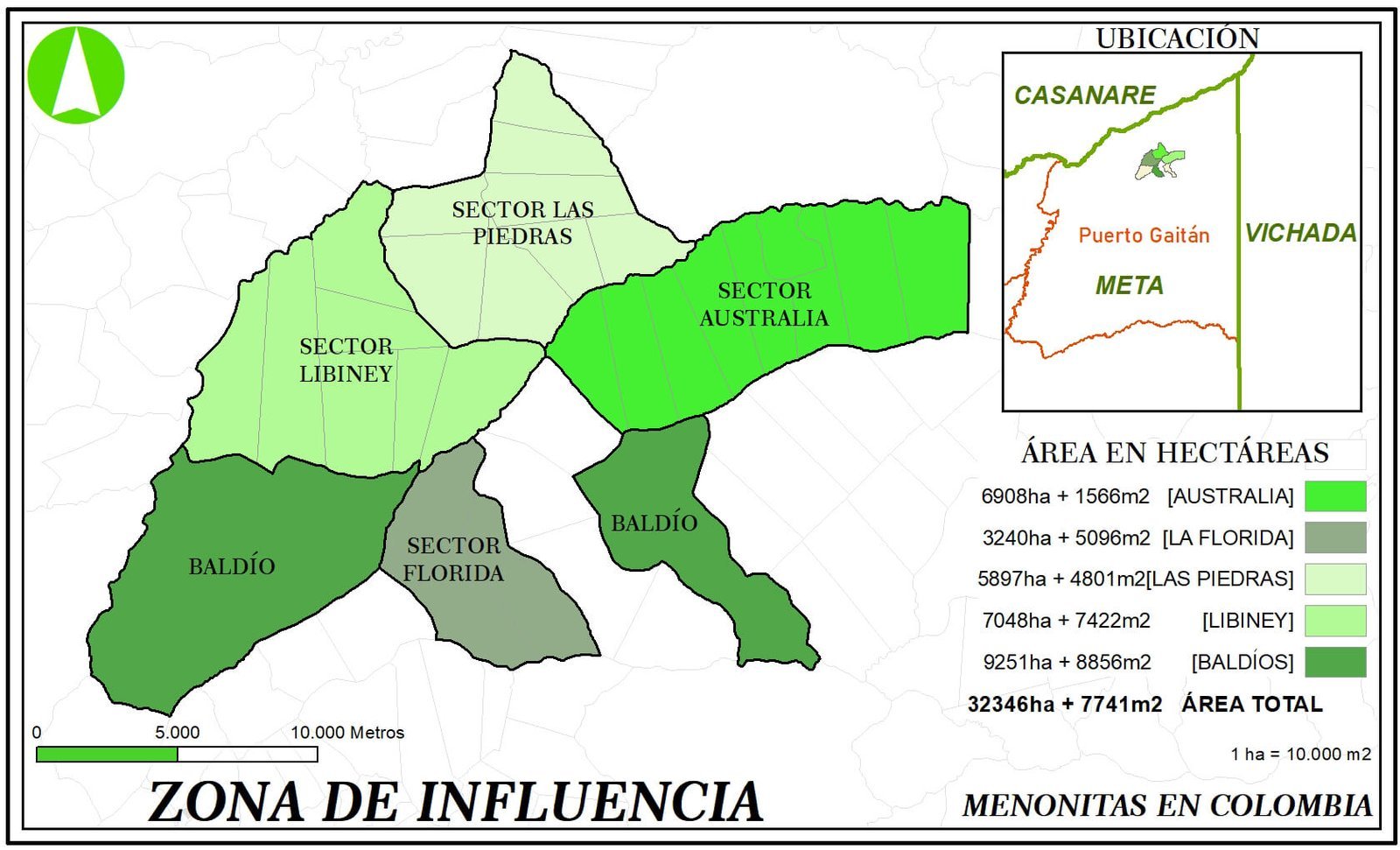 Mapa de las colonias menonitas en Puerto Gaitán, Meta. Información recolectada de la Oficina de Instrumentos Públicos de Puerto López.